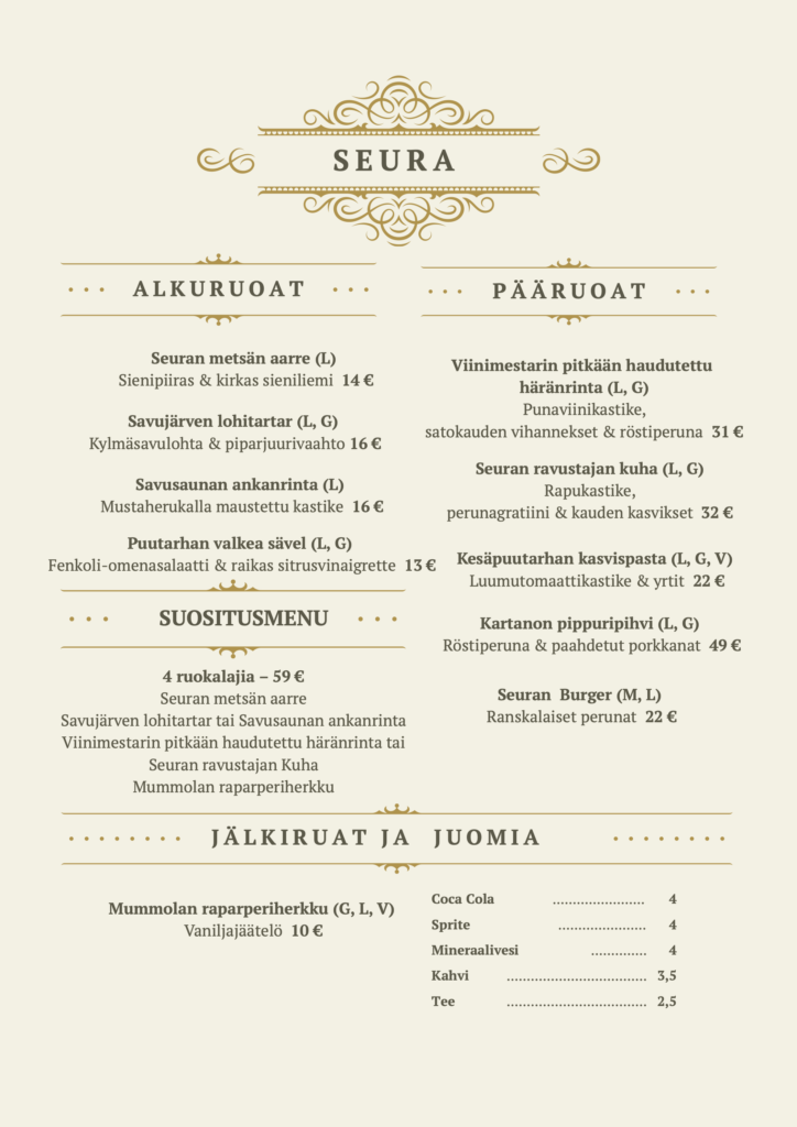 Ravintola Juuan Seuran menu 2026